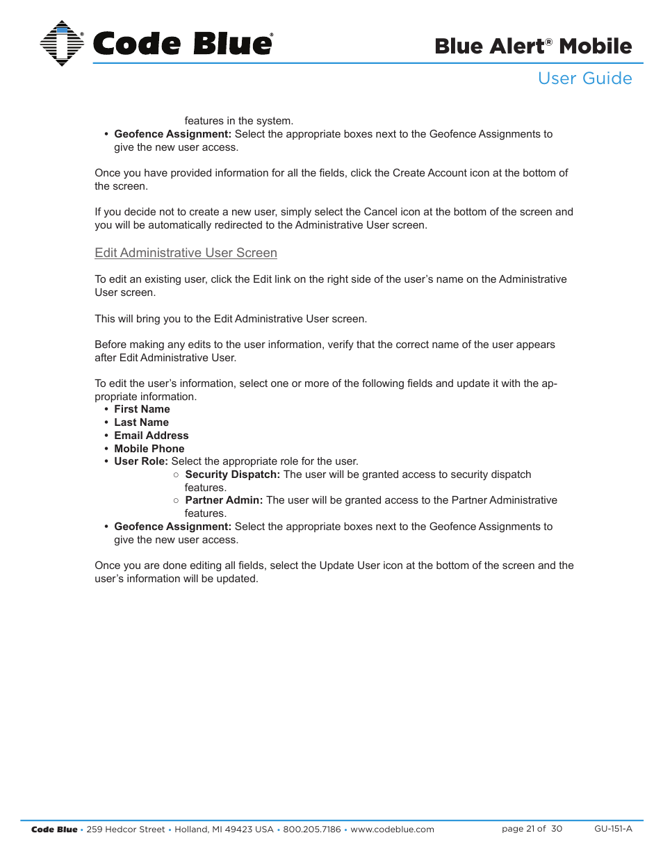 Blue alert® mobile, User guide | Code Blue BLUE ALERT MOBILE User Manual | Page 21 / 30