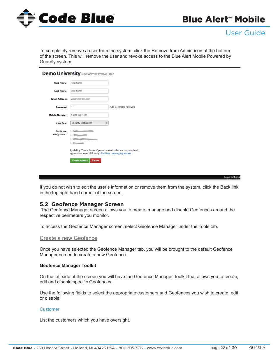 Blue alert® mobile, Blue alert mobile powered by guardly, User guide | Create new user screen | Code Blue BLUE ALERT MOBILE User Manual | Page 22 / 30