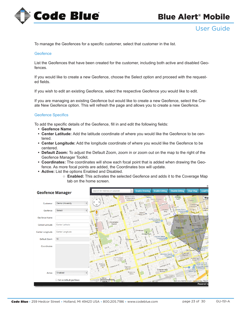 Blue alert® mobile, Blue alert mobile powered by guardly, User guide | Geofence manager screen | Code Blue BLUE ALERT MOBILE User Manual | Page 23 / 30