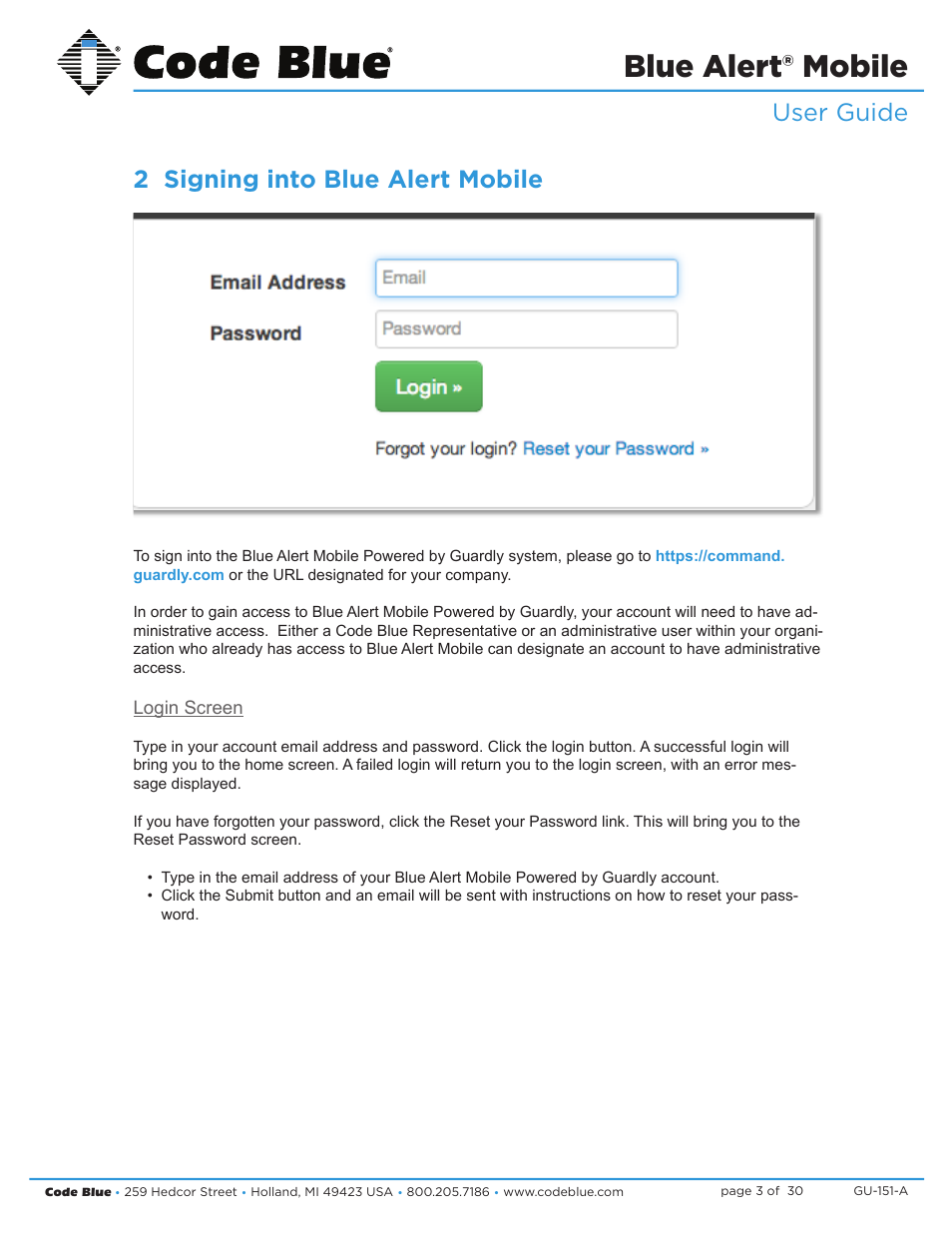 Blue alert® mobile, Blue alert mobile powered by guardly, User guide 2 signing into blue alert mobile | Signing into blue alert mobile command, Login screen | Code Blue BLUE ALERT MOBILE User Manual | Page 3 / 30