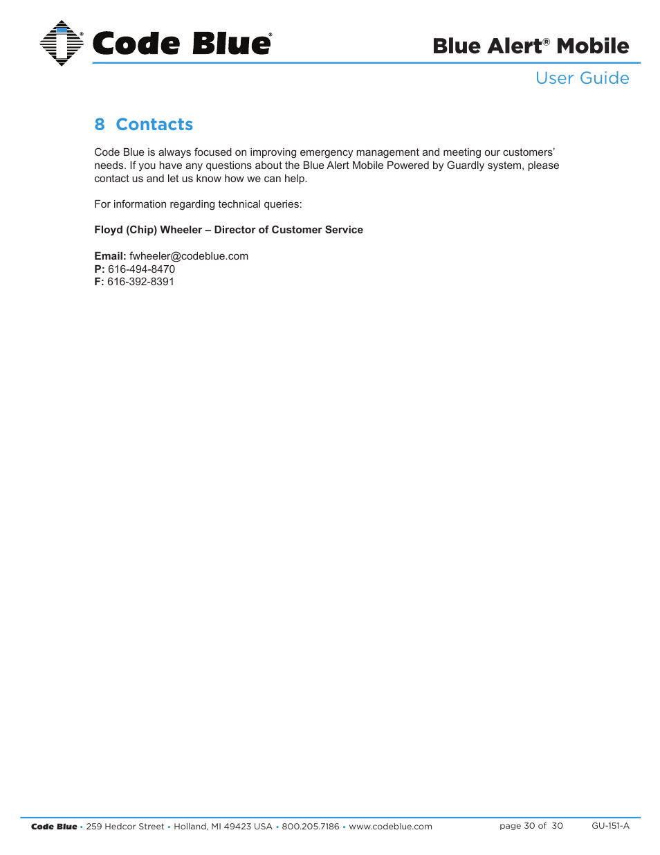 Blue alert® mobile, User guide 8 contacts | Code Blue BLUE ALERT MOBILE User Manual | Page 30 / 30