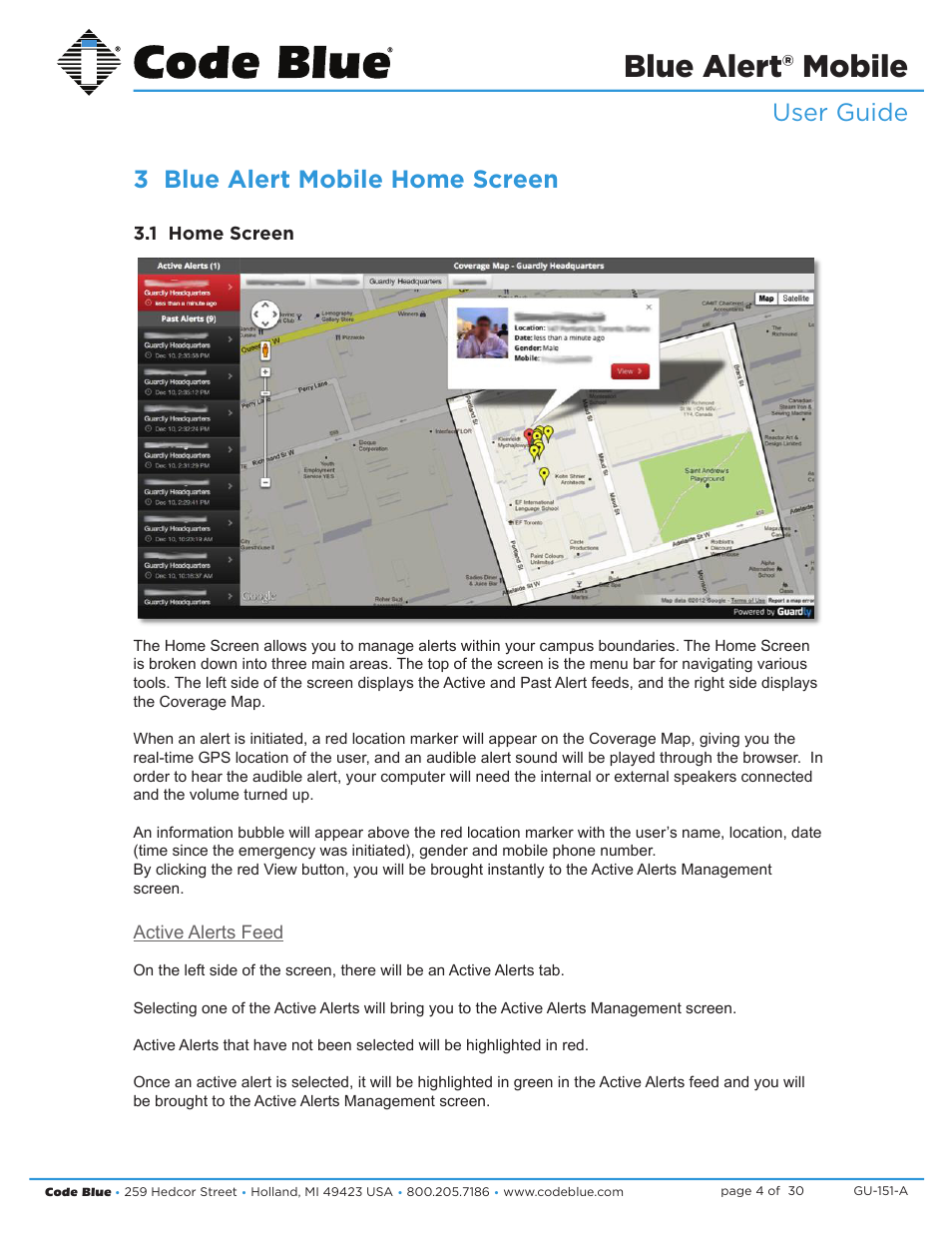 Blue alert® mobile, Blue alert mobile powered by guardly, User guide 3 blue alert mobile home screen | Blue alert mobile home screen, Home screen | Code Blue BLUE ALERT MOBILE User Manual | Page 4 / 30