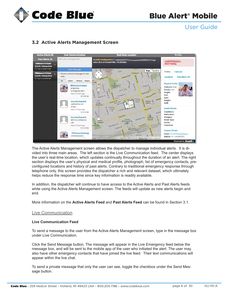 Blue alert® mobile, Blue alert mobile powered by guardly, User guide | Active alerts management screen | Code Blue BLUE ALERT MOBILE User Manual | Page 6 / 30