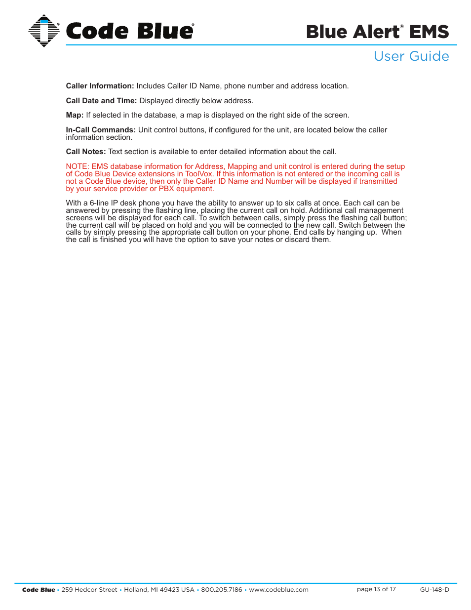 Blue alert, User guide | Code Blue BLUE ALERT EMS EVENT MANAGEMENT SOFTWARE User Manual | Page 13 / 17
