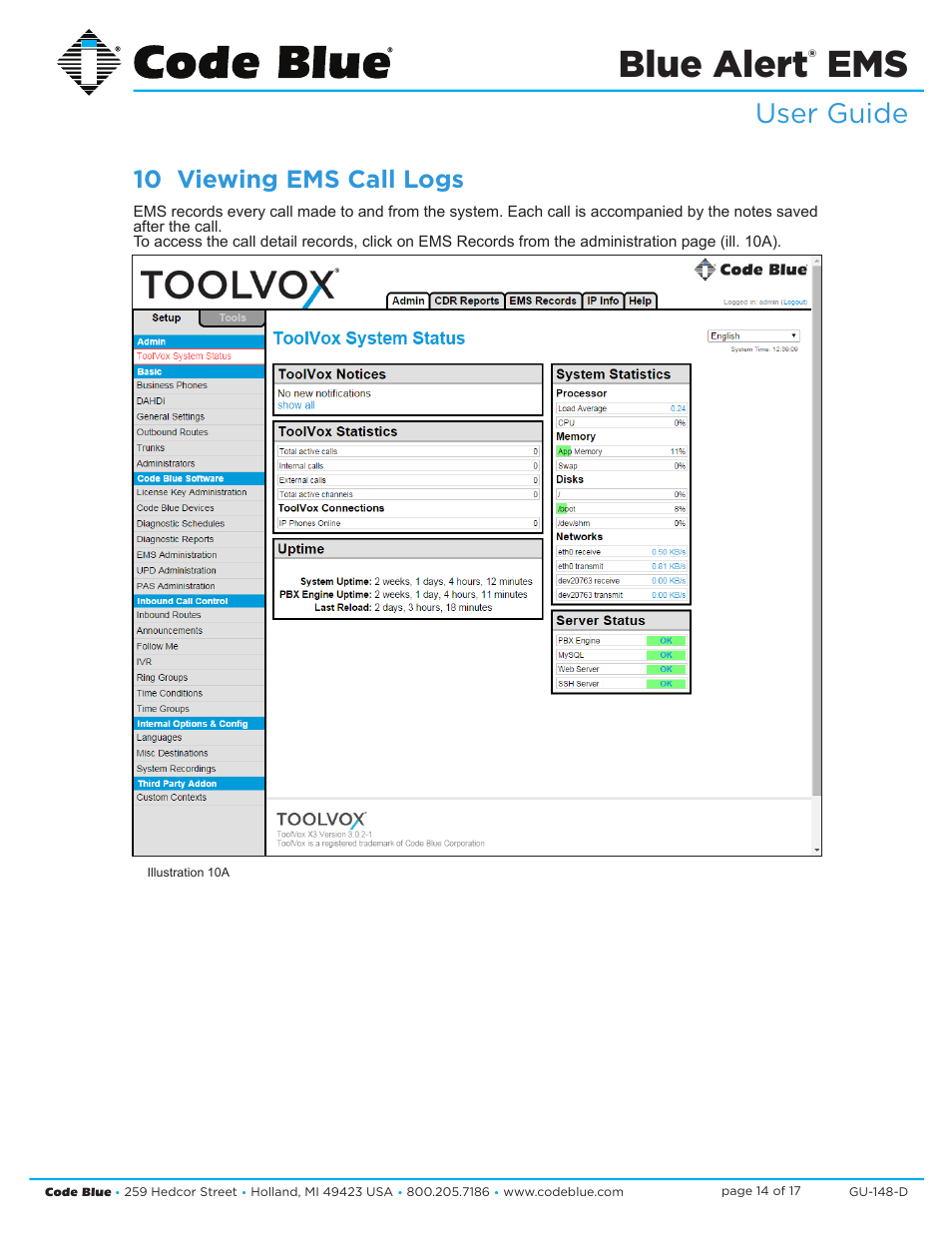 Blue alert, User guide, 10 viewing ems call logs | Code Blue BLUE ALERT EMS EVENT MANAGEMENT SOFTWARE User Manual | Page 14 / 17