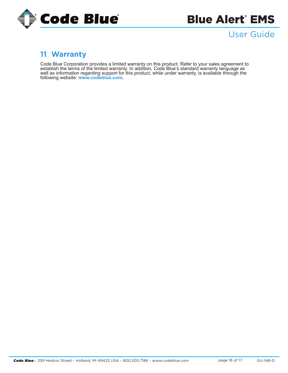 Blue alert, User guide, 11 warranty | Code Blue BLUE ALERT EMS EVENT MANAGEMENT SOFTWARE User Manual | Page 16 / 17