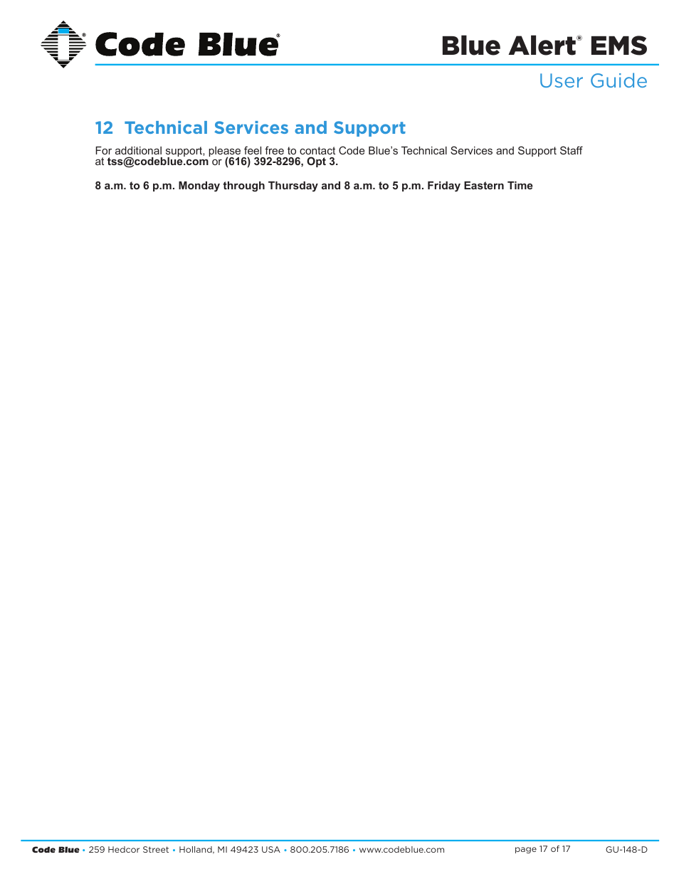 Blue alert, User guide, 12 technical services and support | Code Blue BLUE ALERT EMS EVENT MANAGEMENT SOFTWARE User Manual | Page 17 / 17