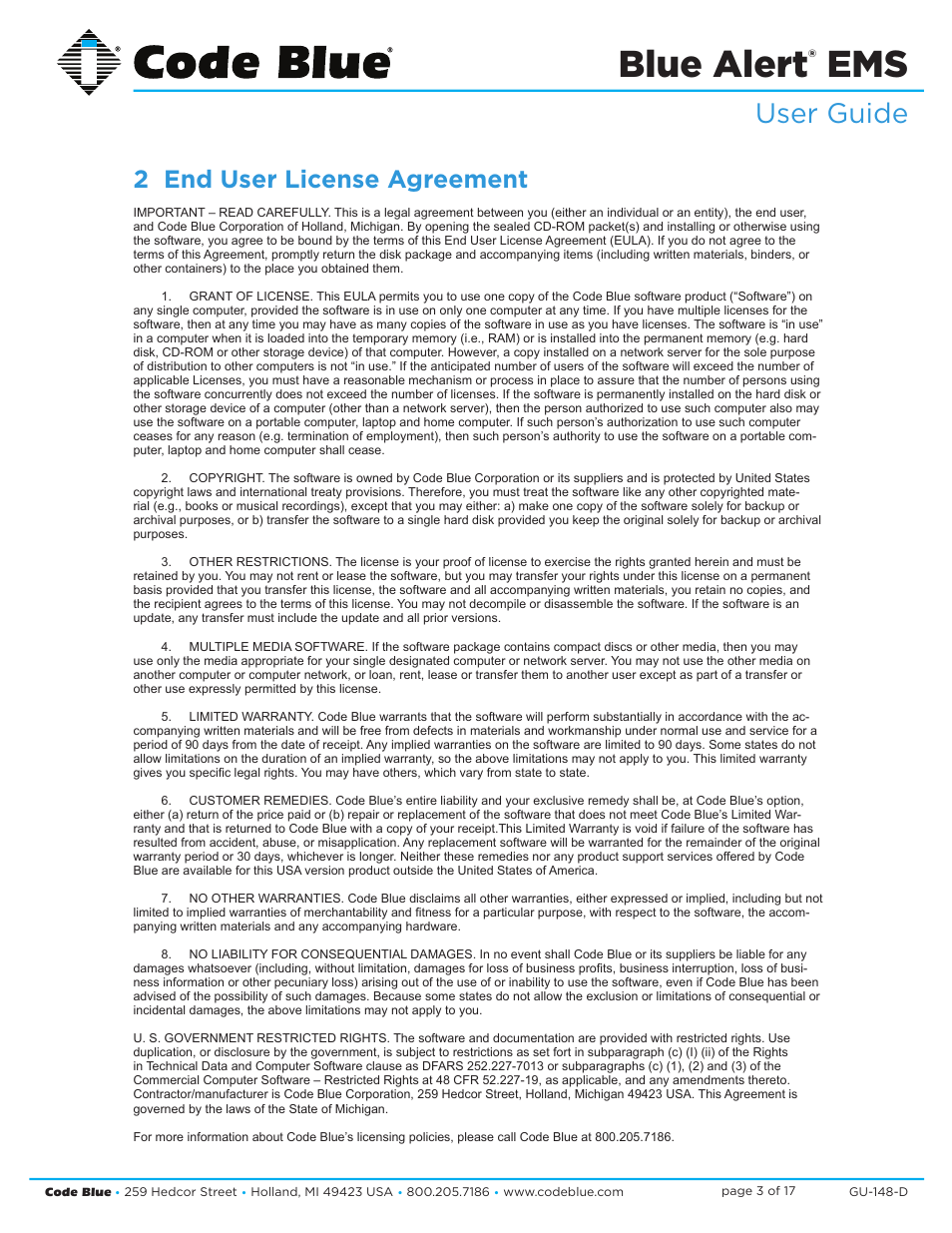Blue alert, User guide, 2 end user license agreement | Code Blue BLUE ALERT EMS EVENT MANAGEMENT SOFTWARE User Manual | Page 3 / 17