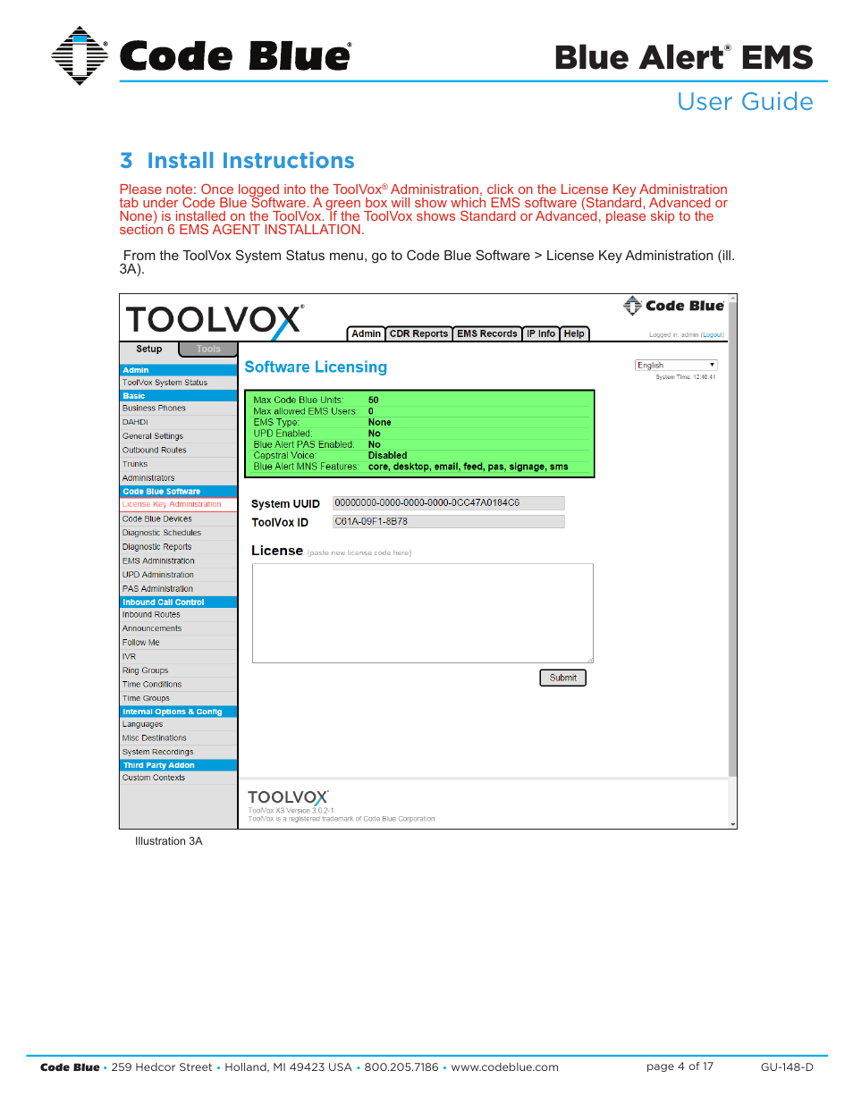 Blue alert, User guide, 3 install instructions | Code Blue BLUE ALERT EMS EVENT MANAGEMENT SOFTWARE User Manual | Page 4 / 17