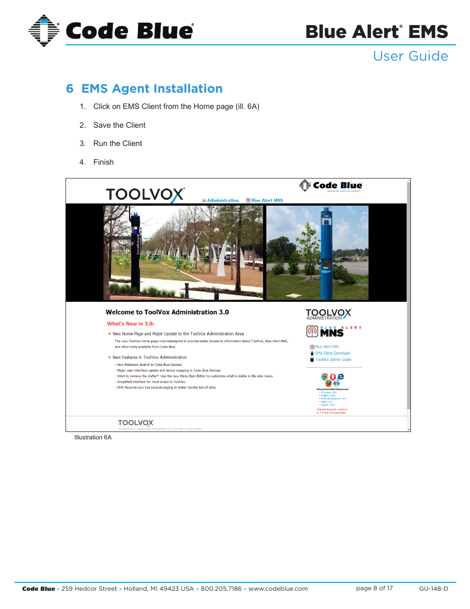 Blue alert, User guide, 6 ems agent installation | Code Blue BLUE ALERT EMS EVENT MANAGEMENT SOFTWARE User Manual | Page 8 / 17