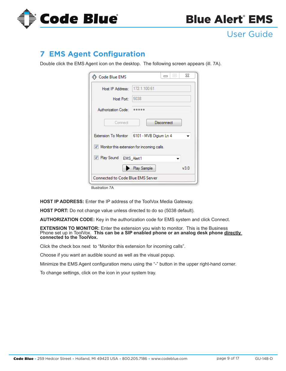 Blue alert, User guide, 7 ems agent configuration | Code Blue BLUE ALERT EMS EVENT MANAGEMENT SOFTWARE User Manual | Page 9 / 17