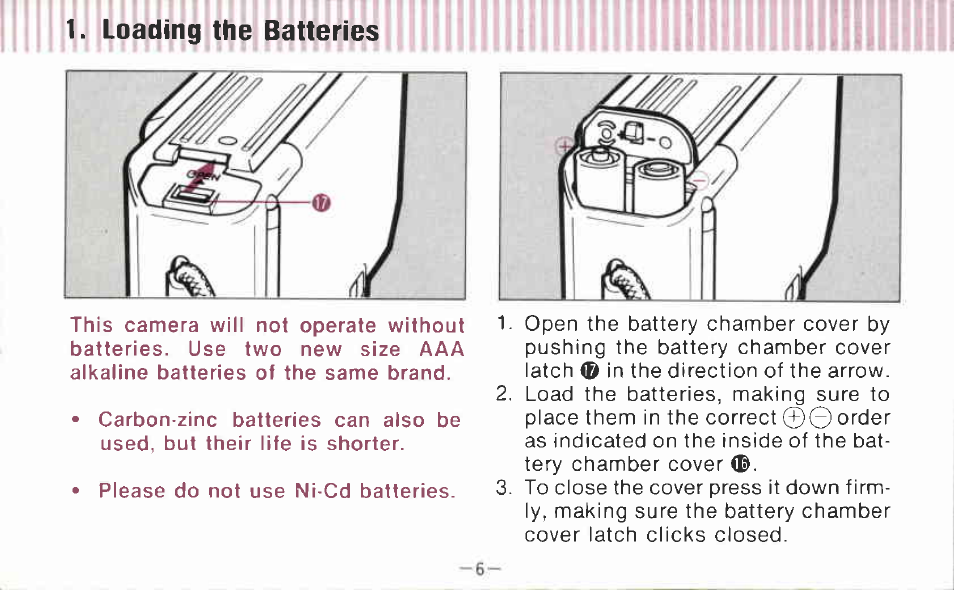 Loading the batteries | Canon AF 35 J User Manual | Page 6 / 54