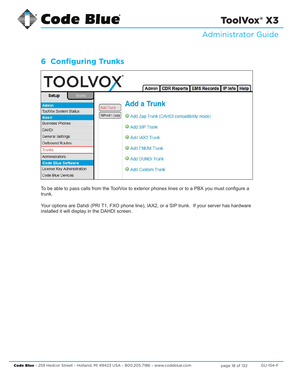Toolvox® x3, Administrator guide 6 configuring trunks | Code Blue TOOLVOX X3 User Manual | Page 18 / 132