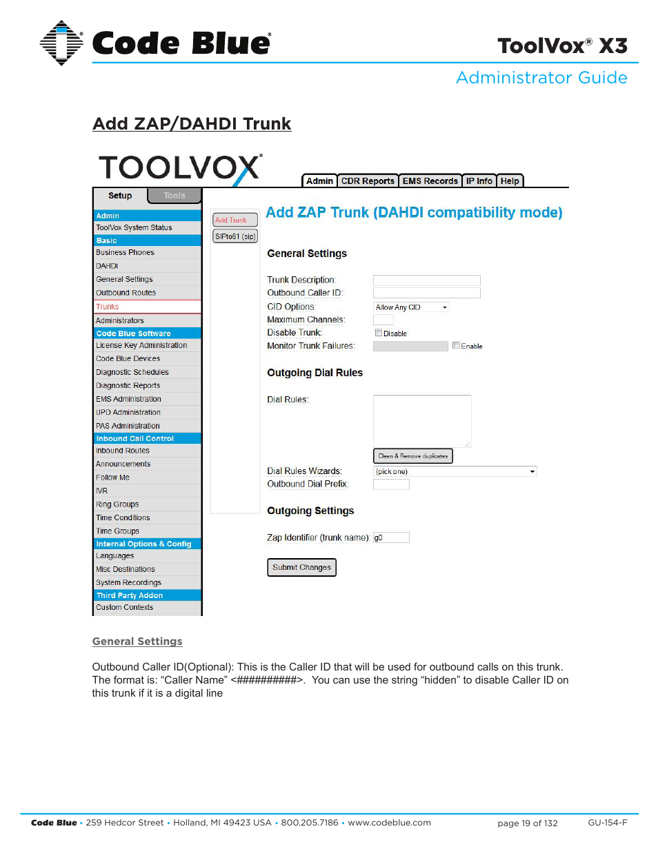 Toolvox® x3, Administrator guide add zap/dahdi trunk | Code Blue TOOLVOX X3 User Manual | Page 19 / 132