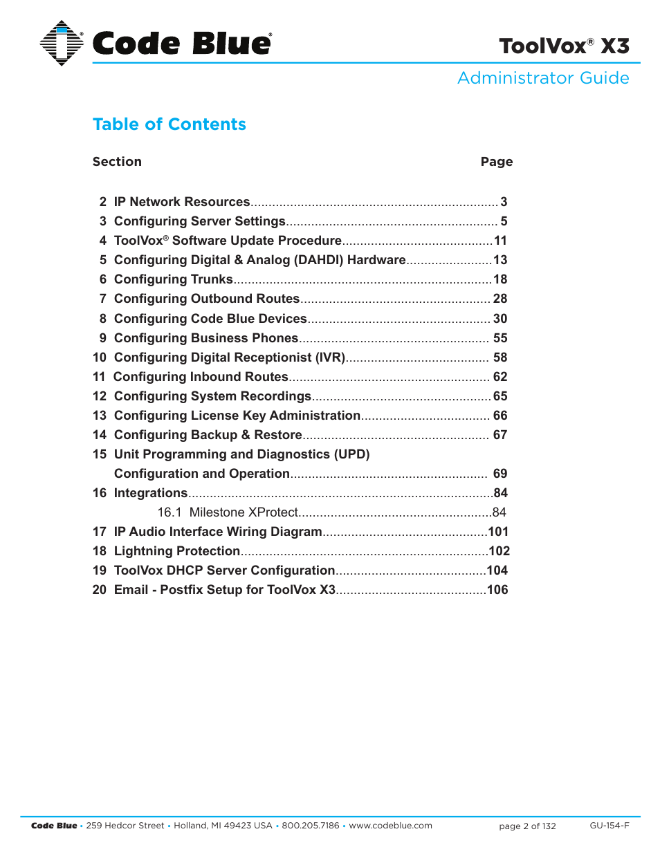 Toolvox® x3, Administrator guide table of contents | Code Blue TOOLVOX X3 User Manual | Page 2 / 132
