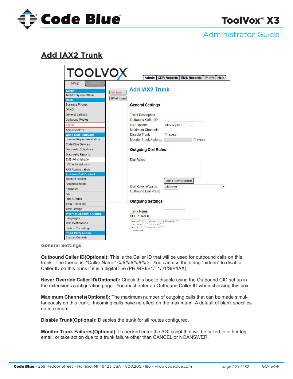 Toolvox® x3, Administrator guide add iax2 trunk | Code Blue TOOLVOX X3 User Manual | Page 22 / 132