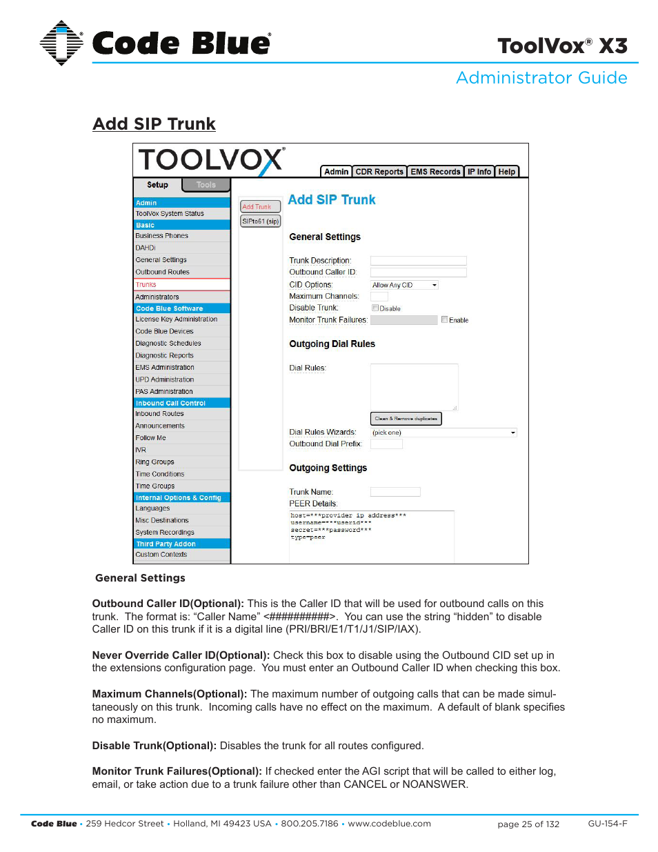 Toolvox® x3, Administrator guide add sip trunk | Code Blue TOOLVOX X3 User Manual | Page 25 / 132