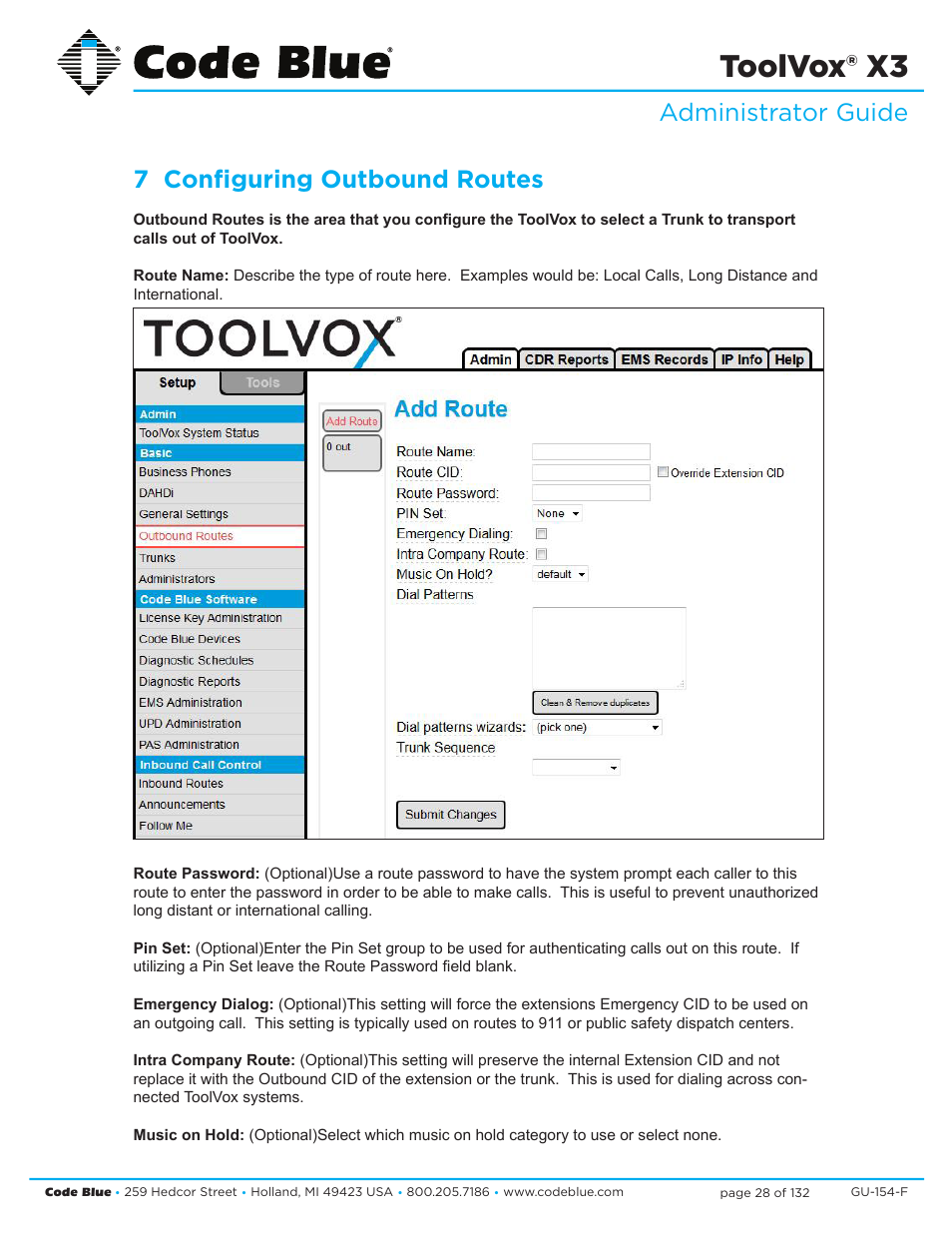 Toolvox® x3, Administrator guide 7 configuring outbound routes | Code Blue TOOLVOX X3 User Manual | Page 28 / 132