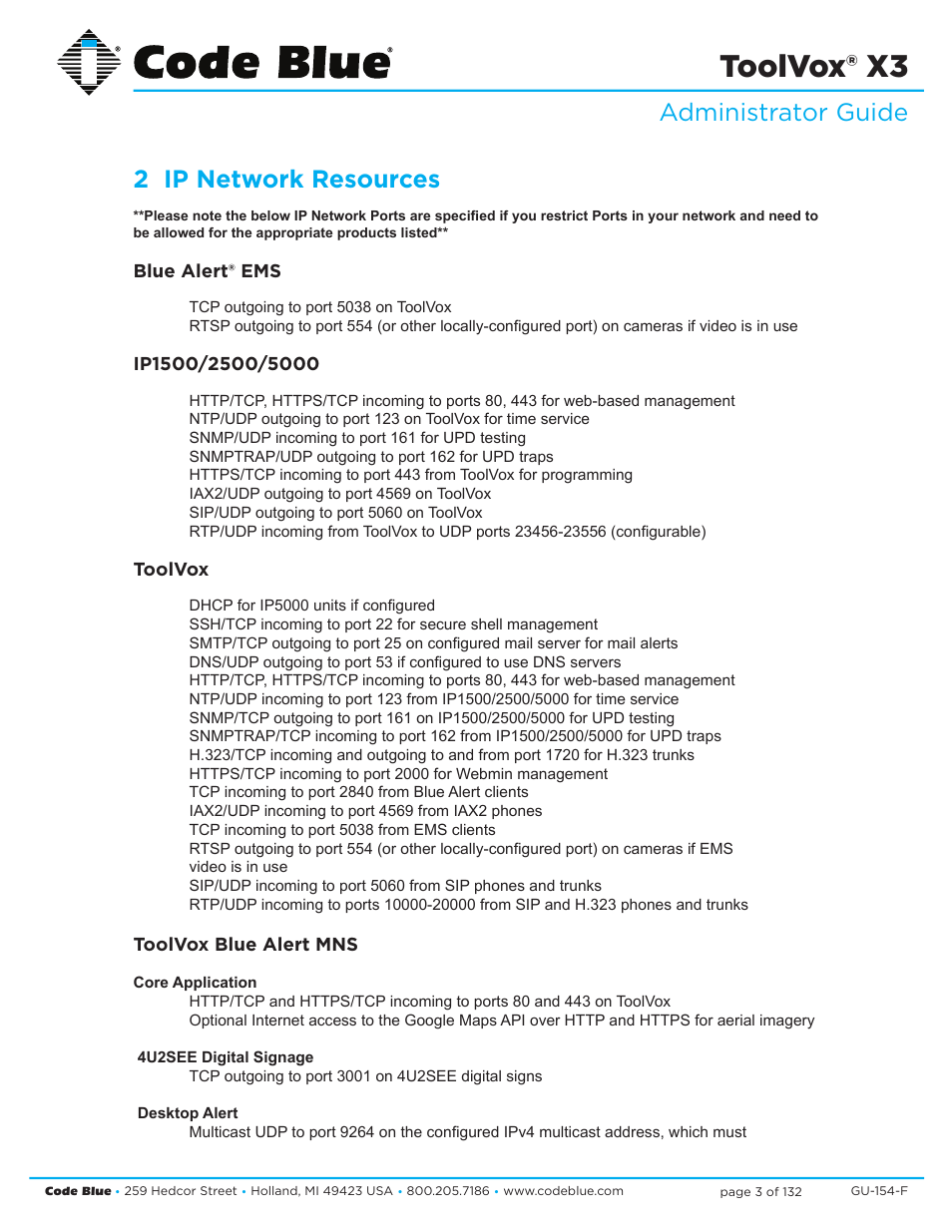 Toolvox® x3, Administrator guide 2 ip network resources | Code Blue TOOLVOX X3 User Manual | Page 3 / 132