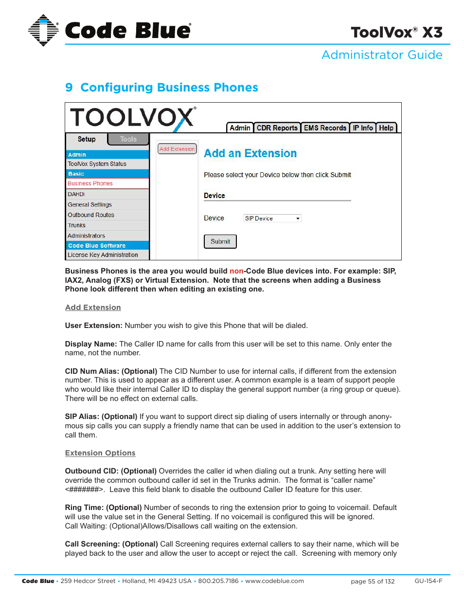 Toolvox® x3, Administrator guide 9 configuring business phones | Code Blue TOOLVOX X3 User Manual | Page 55 / 132