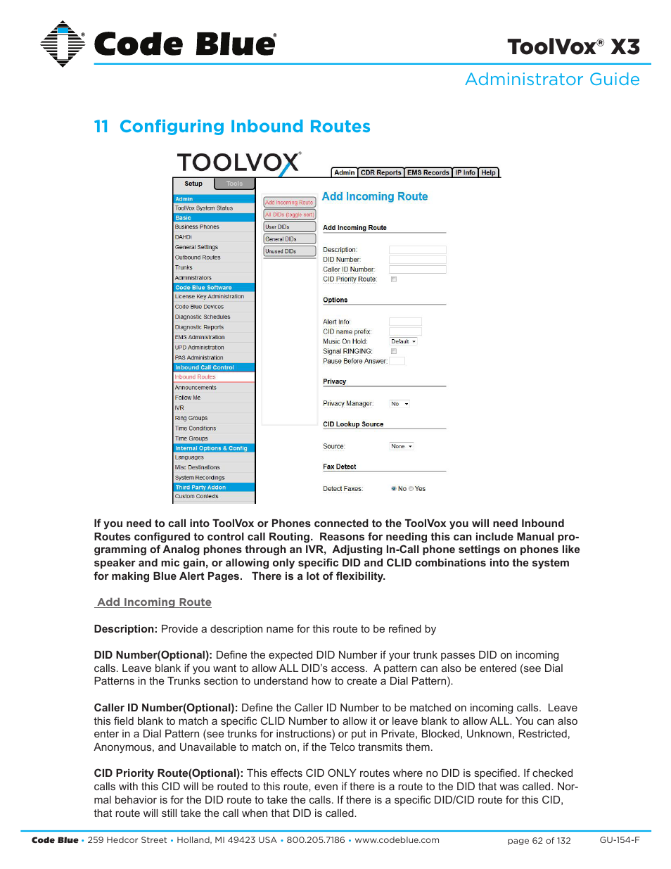 Toolvox® x3, Administrator guide 11 configuring inbound routes | Code Blue TOOLVOX X3 User Manual | Page 62 / 132