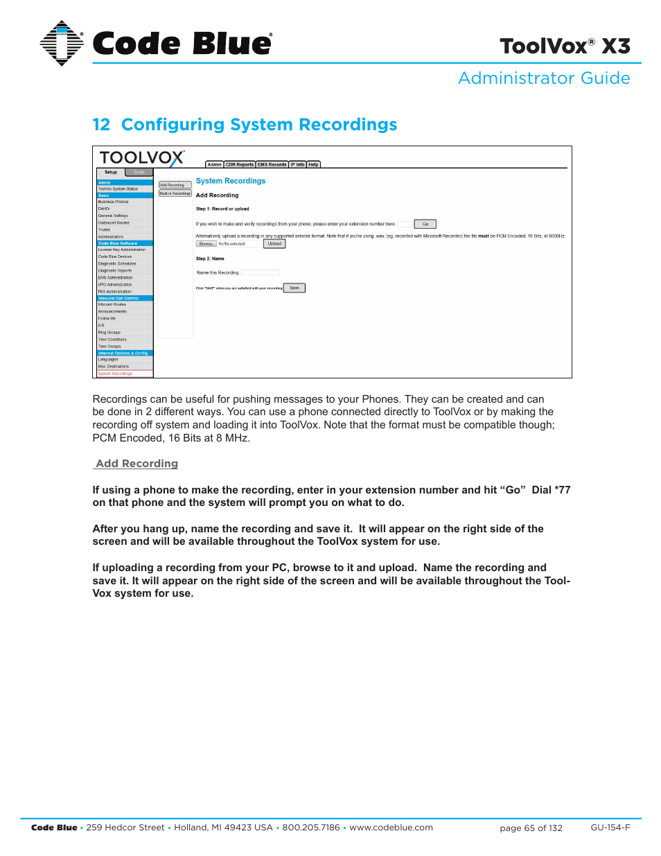 Toolvox® x3 | Code Blue TOOLVOX X3 User Manual | Page 65 / 132