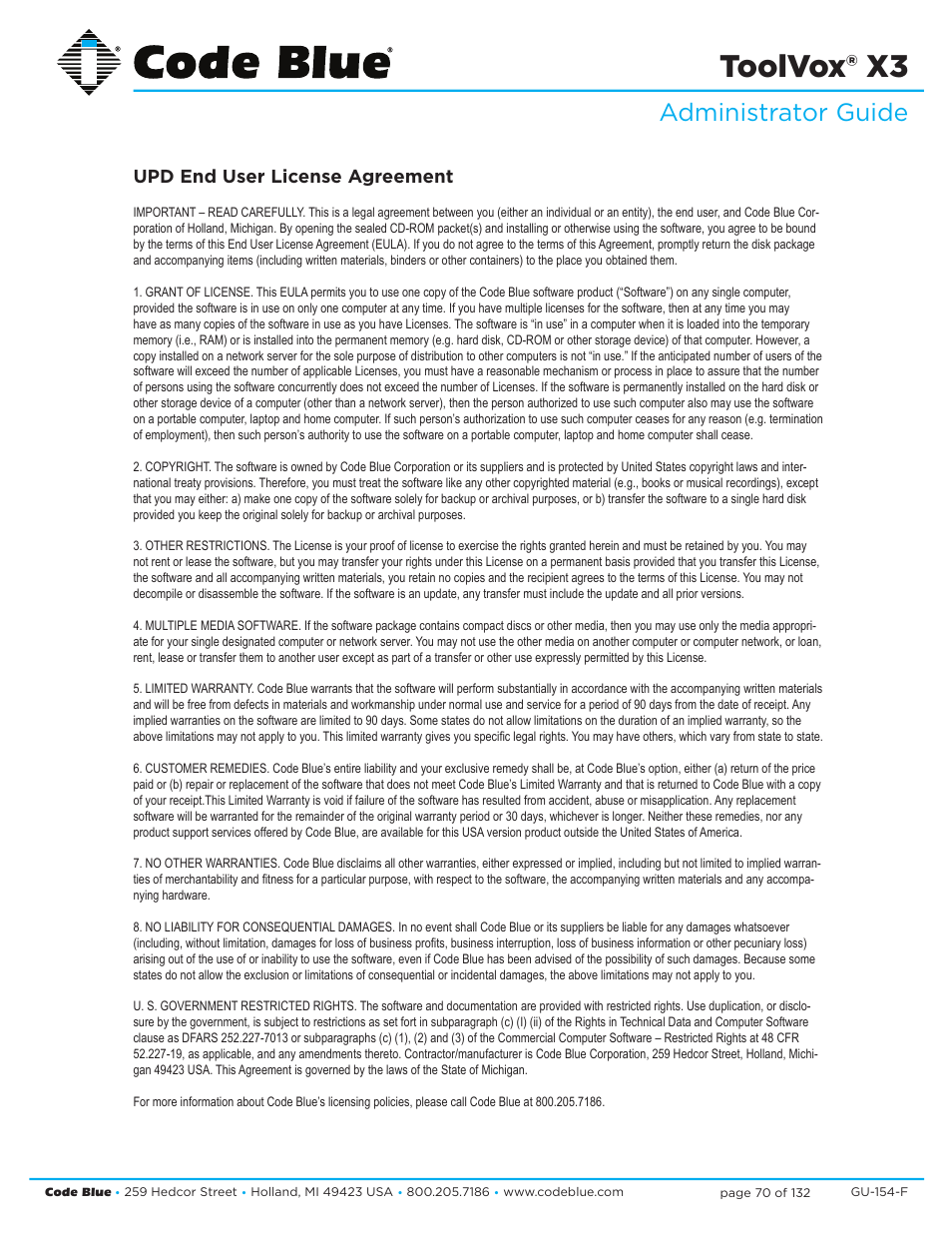 Toolvox® x3, Administrator guide, Upd end user license agreement | Code Blue TOOLVOX X3 User Manual | Page 70 / 132
