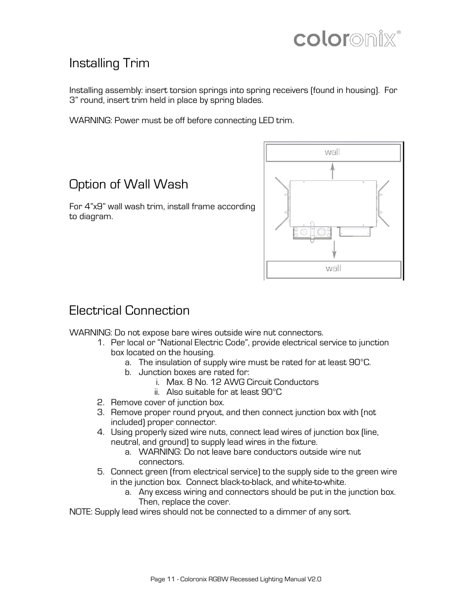 Installing trim, Option of wall wash, Electrical connection | Coloronix 6″ Recessed RGBW Downlight User Manual | Page 11 / 15