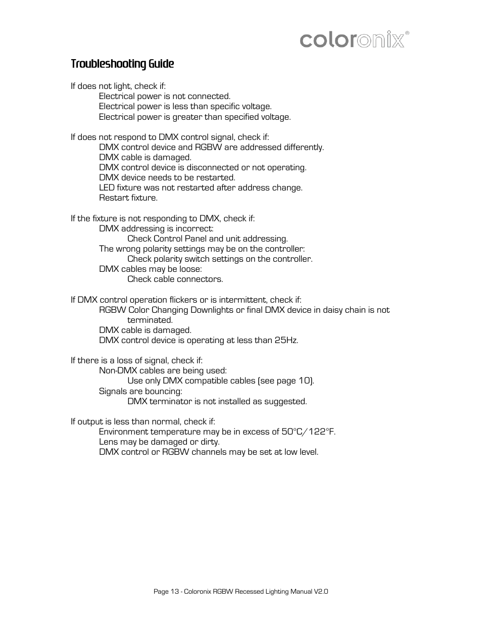 Troubleshooting guide | Coloronix 6″ Recessed RGBW Downlight User Manual | Page 13 / 15