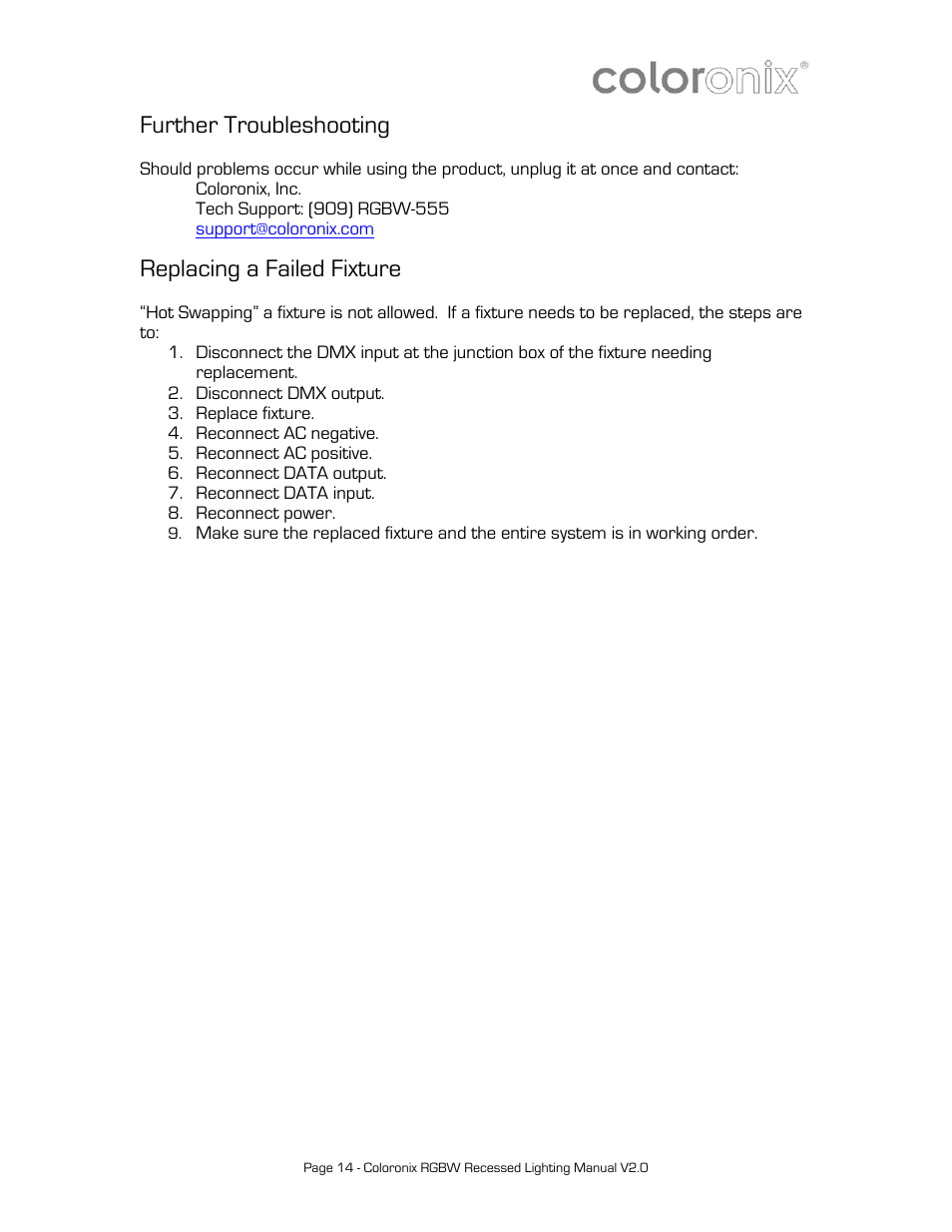 Further troubleshooting, Replacing a failed fixture | Coloronix 6″ Recessed RGBW Downlight User Manual | Page 14 / 15