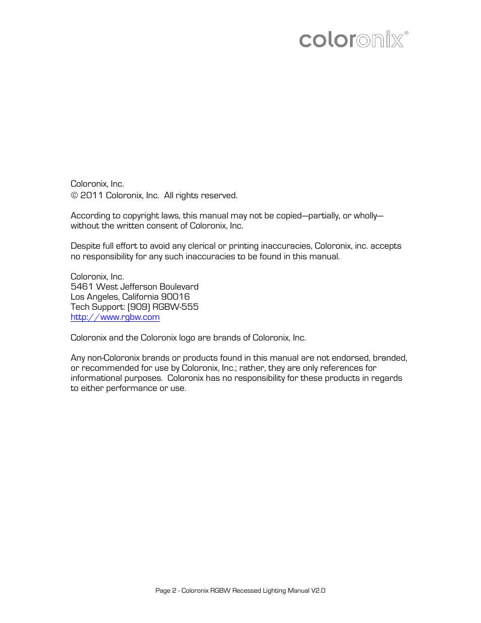 Coloronix 6″ Recessed RGBW Downlight User Manual | Page 2 / 15