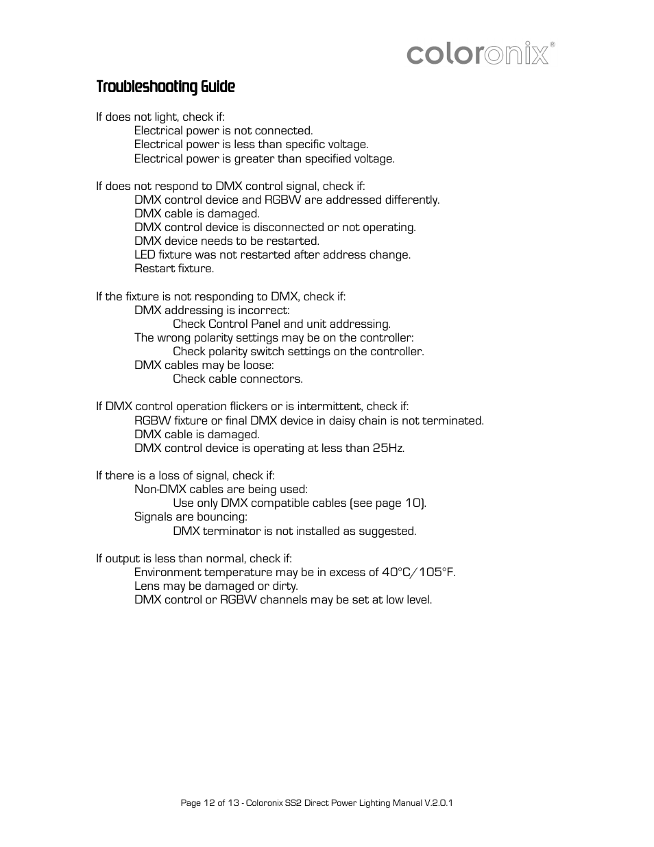 Troubleshooting guide | Coloronix Adjustable 15-LED RGBW Flood Light User Manual | Page 12 / 13