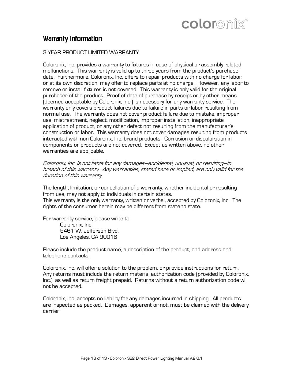 Warranty information | Coloronix Adjustable 15-LED RGBW Flood Light User Manual | Page 13 / 13