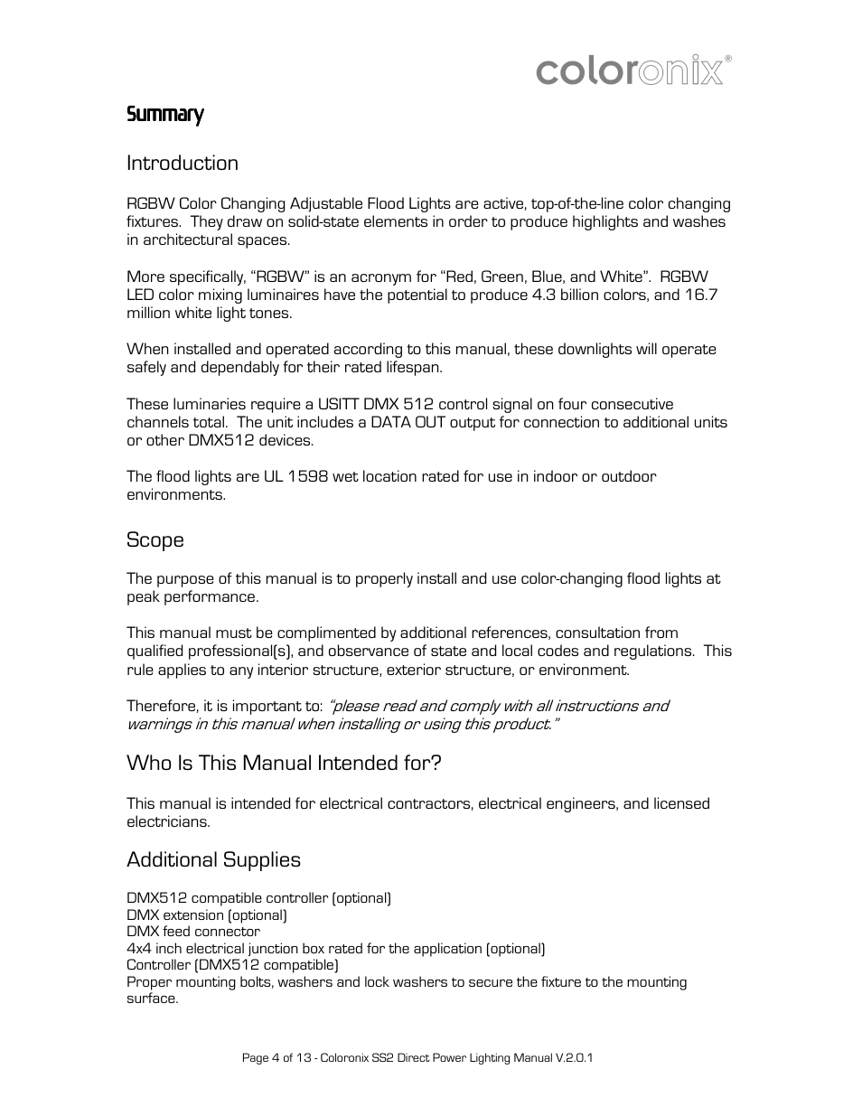 Summary, Introduction, Scope | Who is this manual intended for, Additional supplies | Coloronix Adjustable 15-LED RGBW Flood Light User Manual | Page 4 / 13