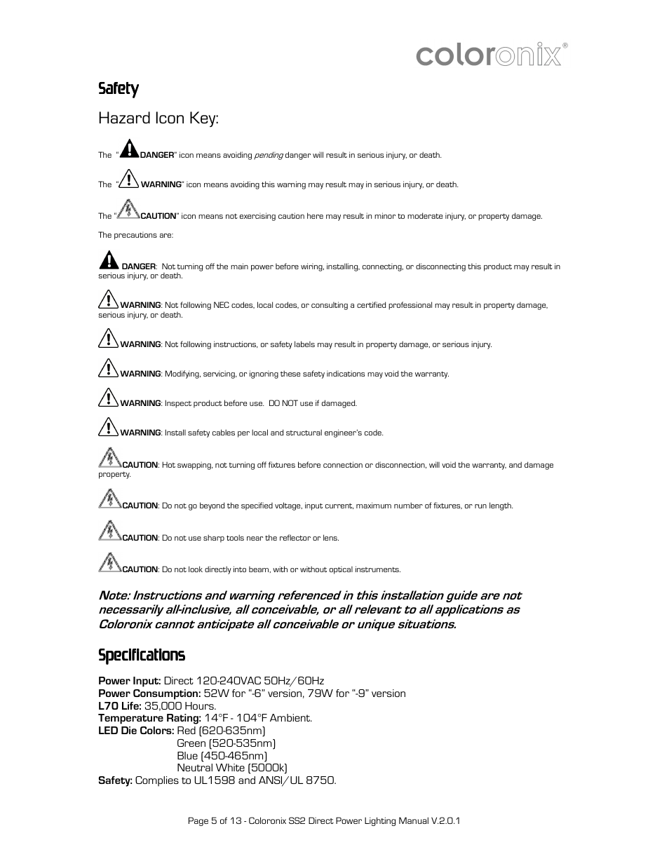 Safety, Specifications, Hazard icon key | Coloronix Adjustable 15-LED RGBW Flood Light User Manual | Page 5 / 13