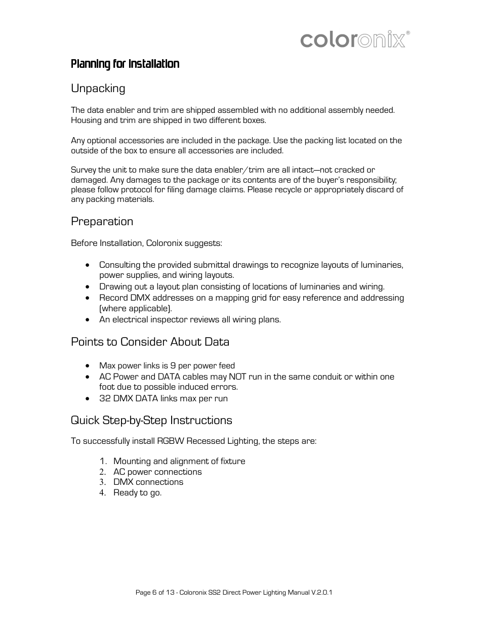 Planning for i, Unpacking, Preparation | Points to consider about data, Quick step-by-step instructions | Coloronix Adjustable 15-LED RGBW Flood Light User Manual | Page 6 / 13