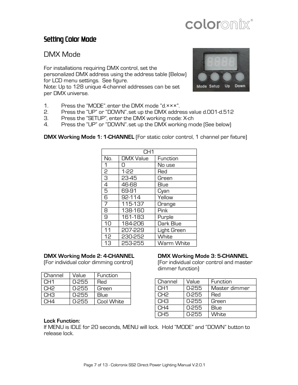 Setting color mode, Dmx mode | Coloronix Adjustable 15-LED RGBW Flood Light User Manual | Page 7 / 13