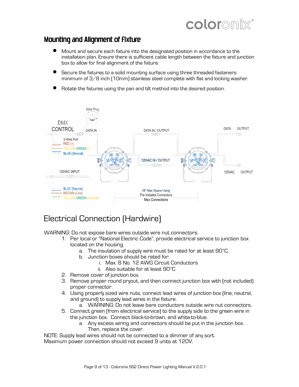 Mounting and alignment of fixture, Electrical connection (hardwire) | Coloronix Adjustable 15-LED RGBW Flood Light User Manual | Page 9 / 13