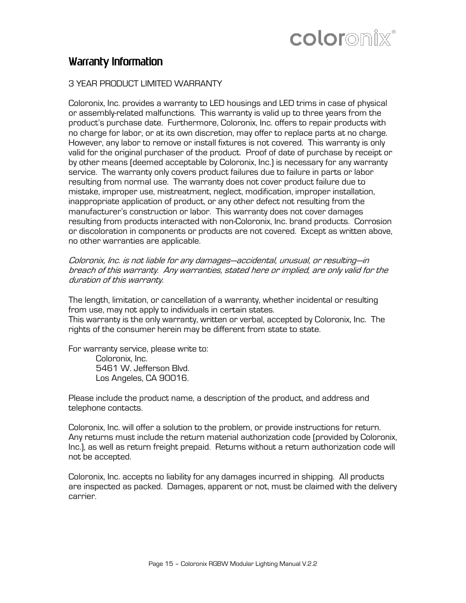 Warranty information | Coloronix 12″ Linear RGB Stick User Manual | Page 15 / 15