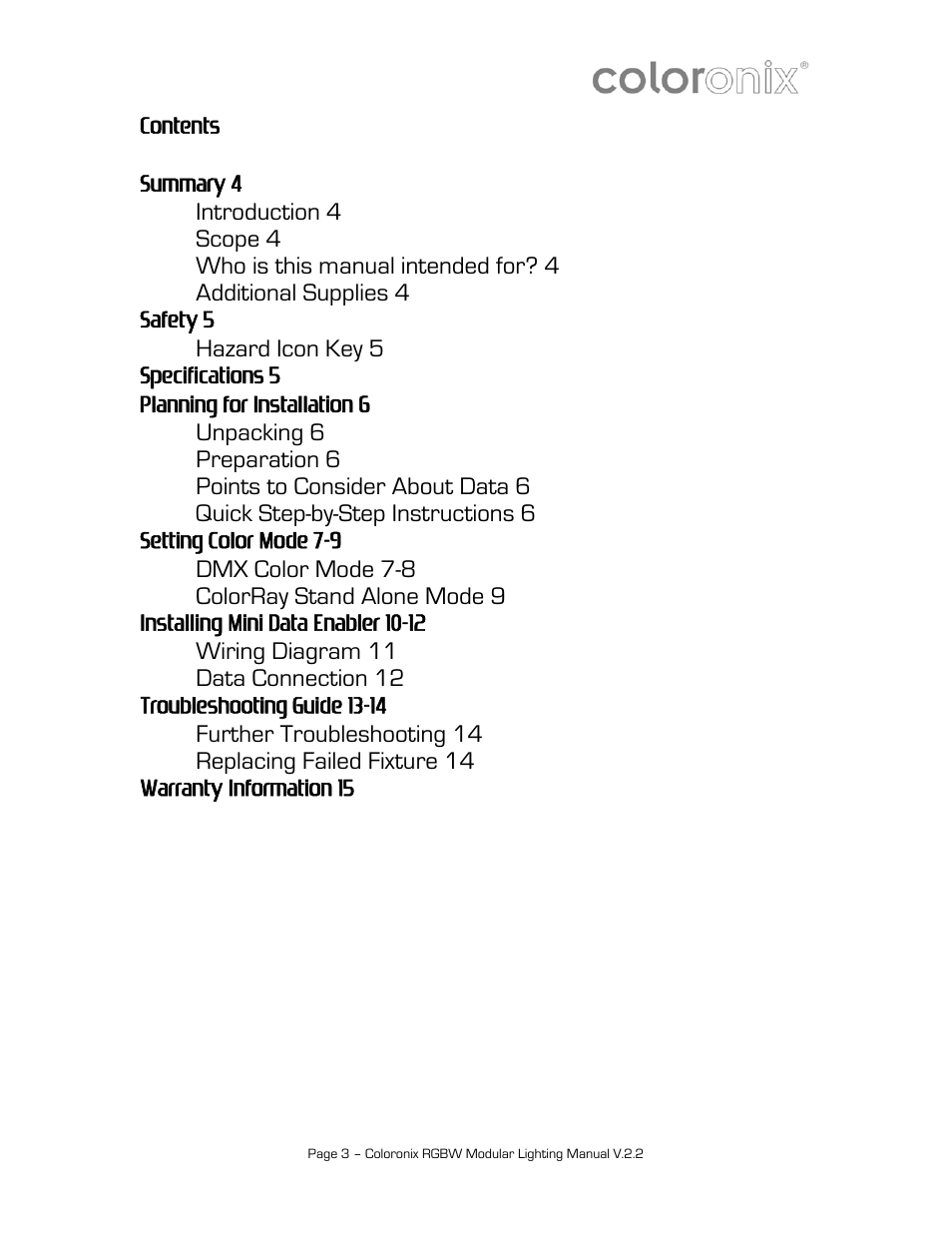Contents summary 4, Safety 5, Specifications 5 | Planning for installation 6, Setting color mode 7-9, Installing mini data enabler 10-12, Troubleshooting guide 13-14, Warranty information 15 | Coloronix 12″ Linear RGB Stick User Manual | Page 3 / 15