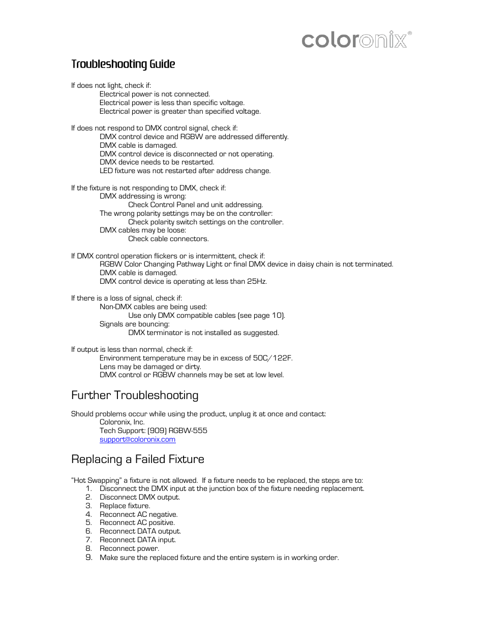 Ubleshooting guide, Urther tr, Foubleshooting | Replacing a failed fixture | Coloronix 6″ RGB Pathway Light User Manual | Page 11 / 15