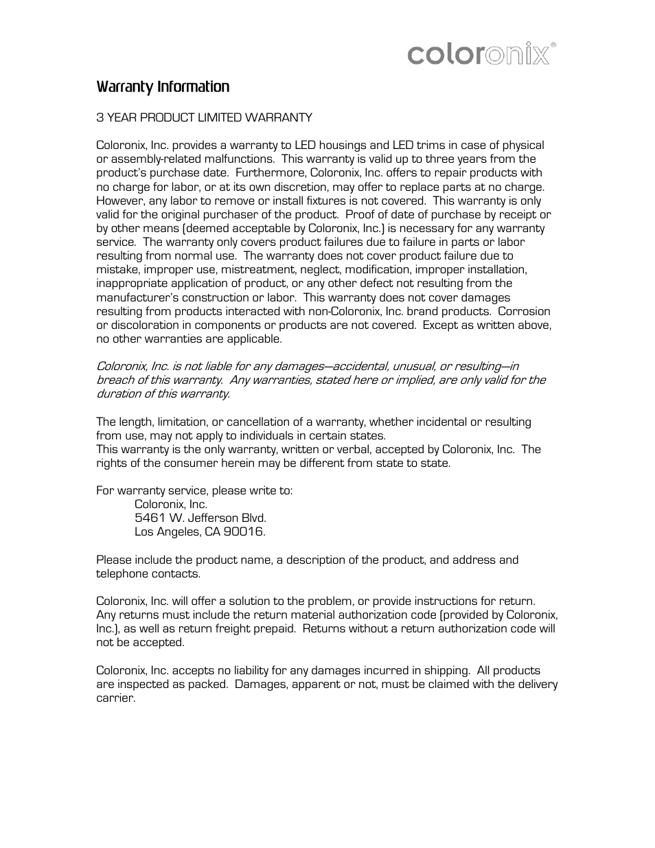 Warranty information | Coloronix 6″ RGB Pathway Light User Manual | Page 12 / 15