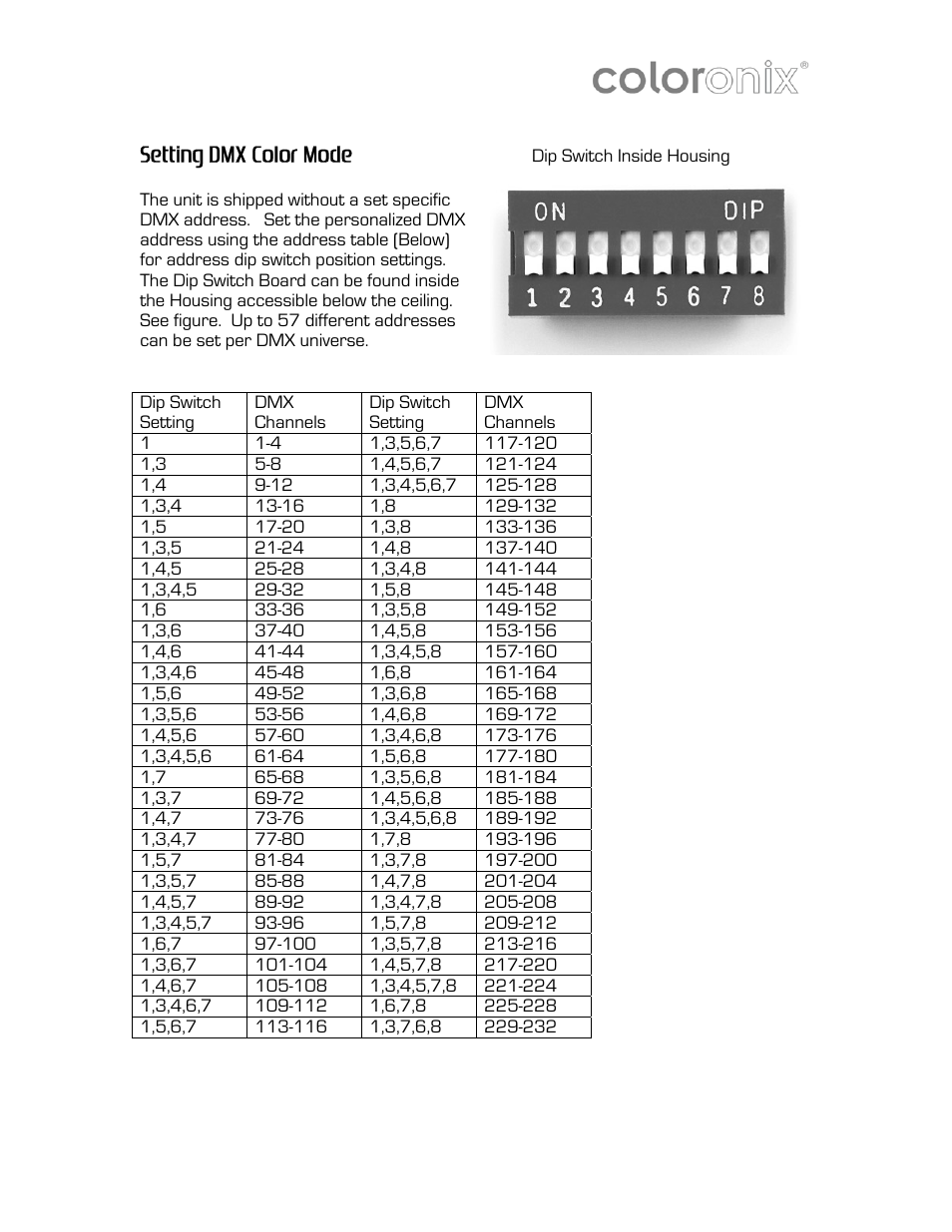 Setting dmx color mode dip switch in, Setting dmx color mode | Coloronix 6″ RGB Pathway Light User Manual | Page 7 / 15