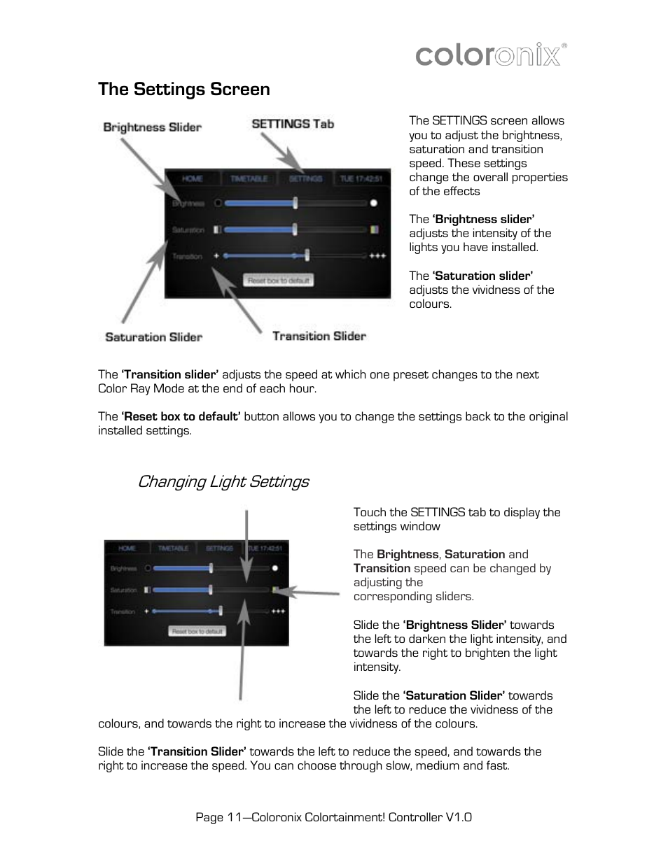 Changing light settings, The settings screen | Coloronix SCC6 User Manual | Page 11 / 13