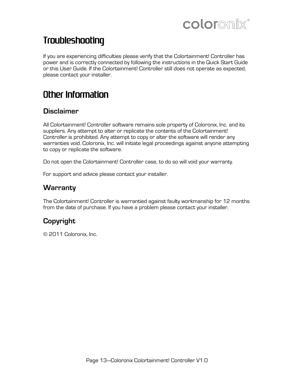 Troubleshooting, Other information, Disclaimer | Warranty, Copyright | Coloronix SCC6 User Manual | Page 13 / 13