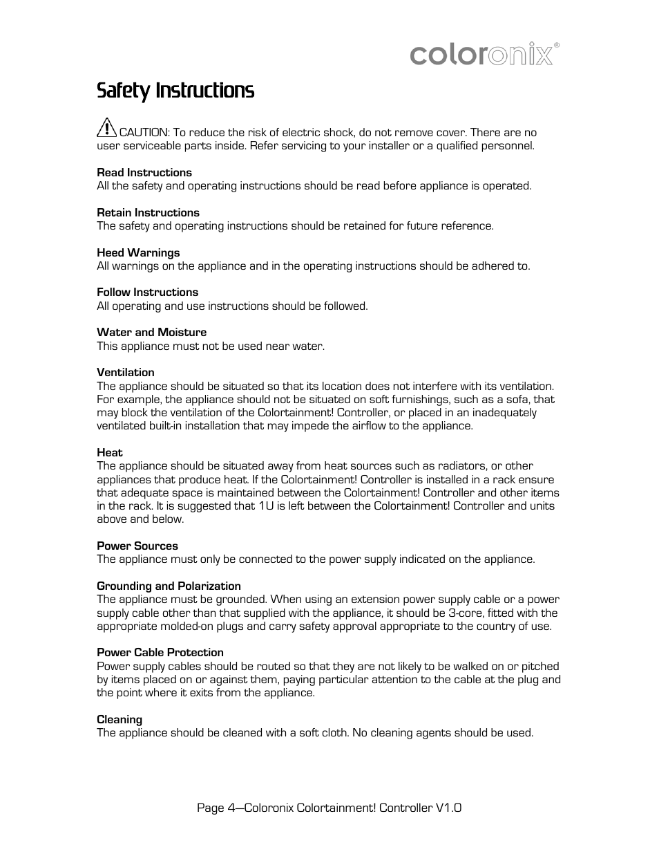 Safety instructions, Read instructions, Retain instructions | Heed warnings, Follow instructions, Water and moisture, Ventilation, Heat, Power sources, Grounding and polarization | Coloronix SCC6 User Manual | Page 4 / 13