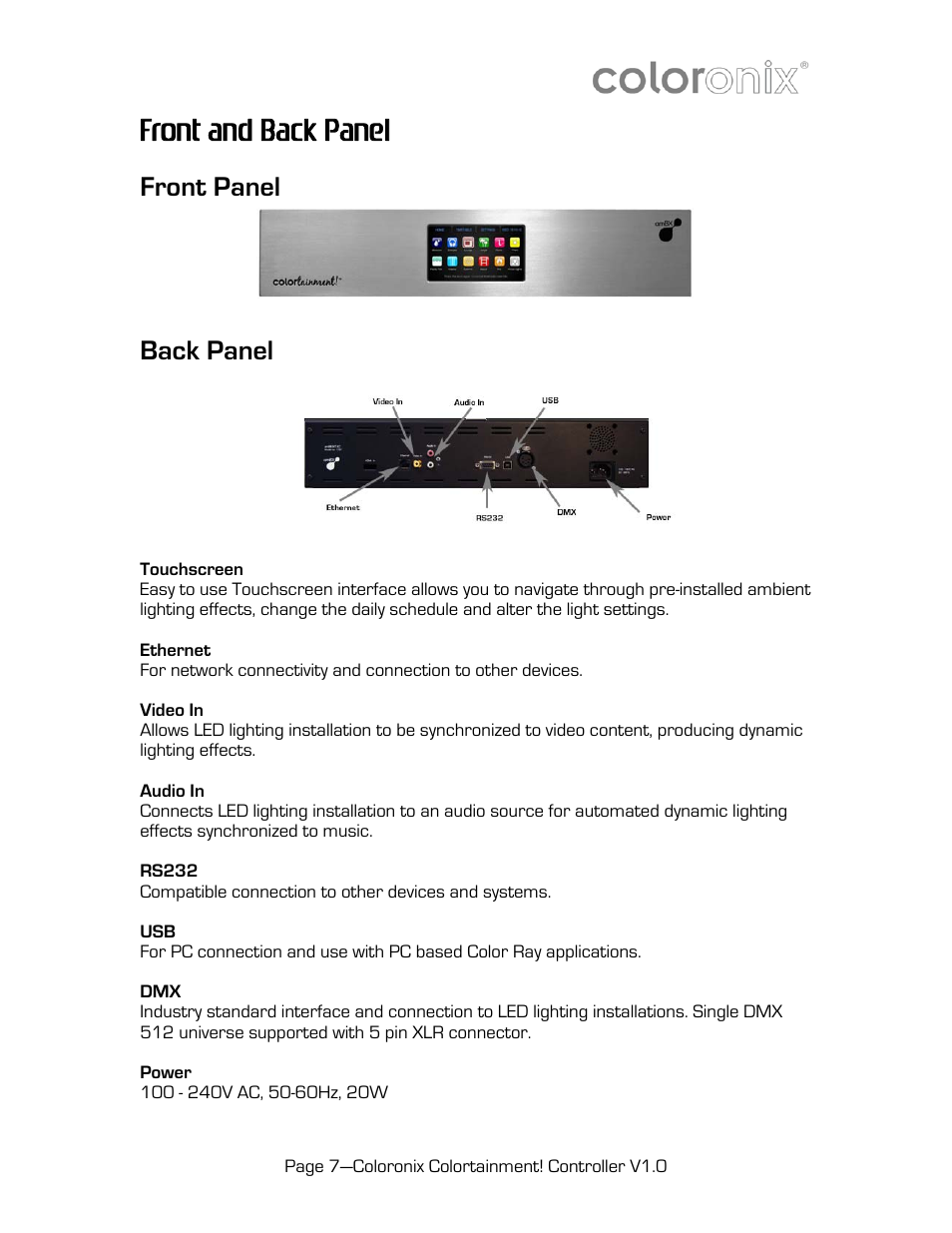 Front and back panel, Front panel, Back panel | Touchscreen, Ethernet, Video in, Audio in, Rs232, Power | Coloronix SCC6 User Manual | Page 7 / 13