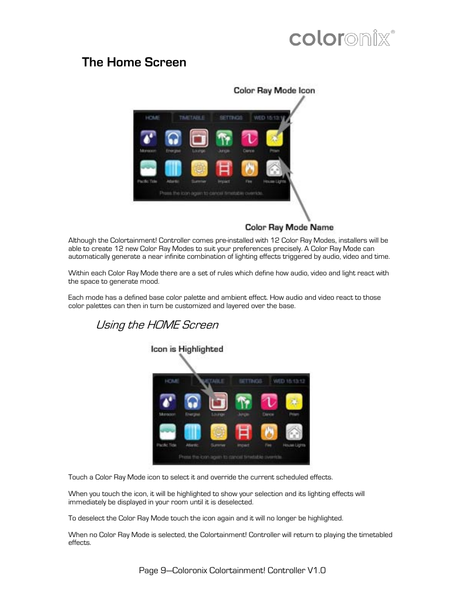 The home screen, Using the home screen | Coloronix SCC6 User Manual | Page 9 / 13
