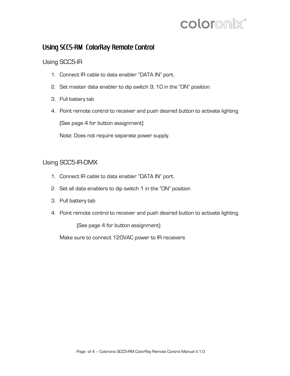 Using scc5-rm colorray remote control | Coloronix SCC5-RM User Manual | Page 3 / 4