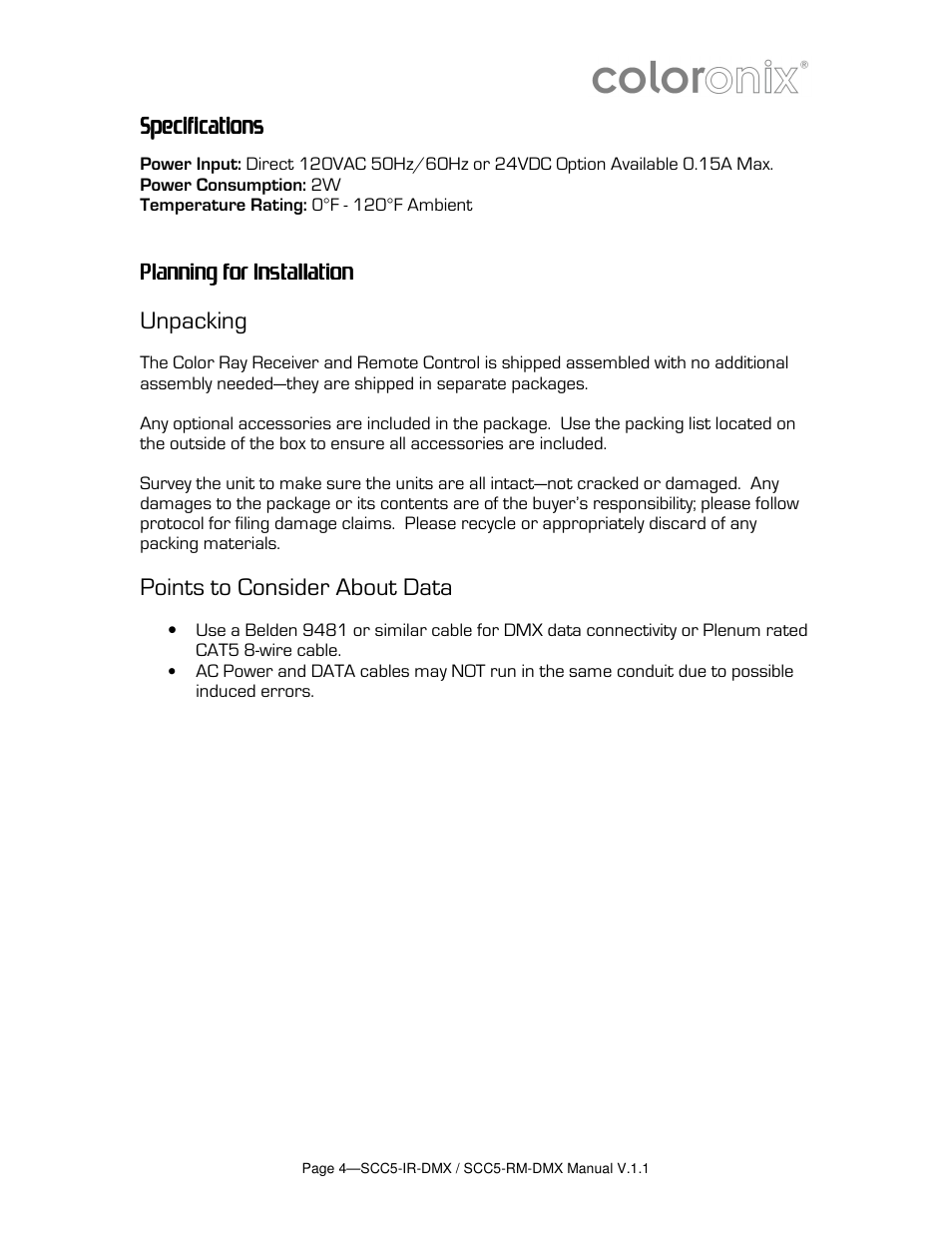 Specifications, Planning f | Coloronix SCC5 User Manual | Page 4 / 7